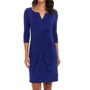 ADRIANNA PAPELL Royal Cobalt Blue Rosette Faux-Wrap Dress Ruffle Notch - Sz 2